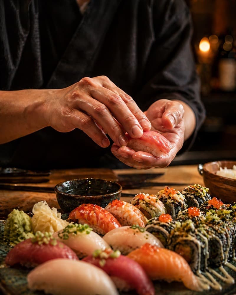 Sushikock skär fisk för hand i Yammi Stattena