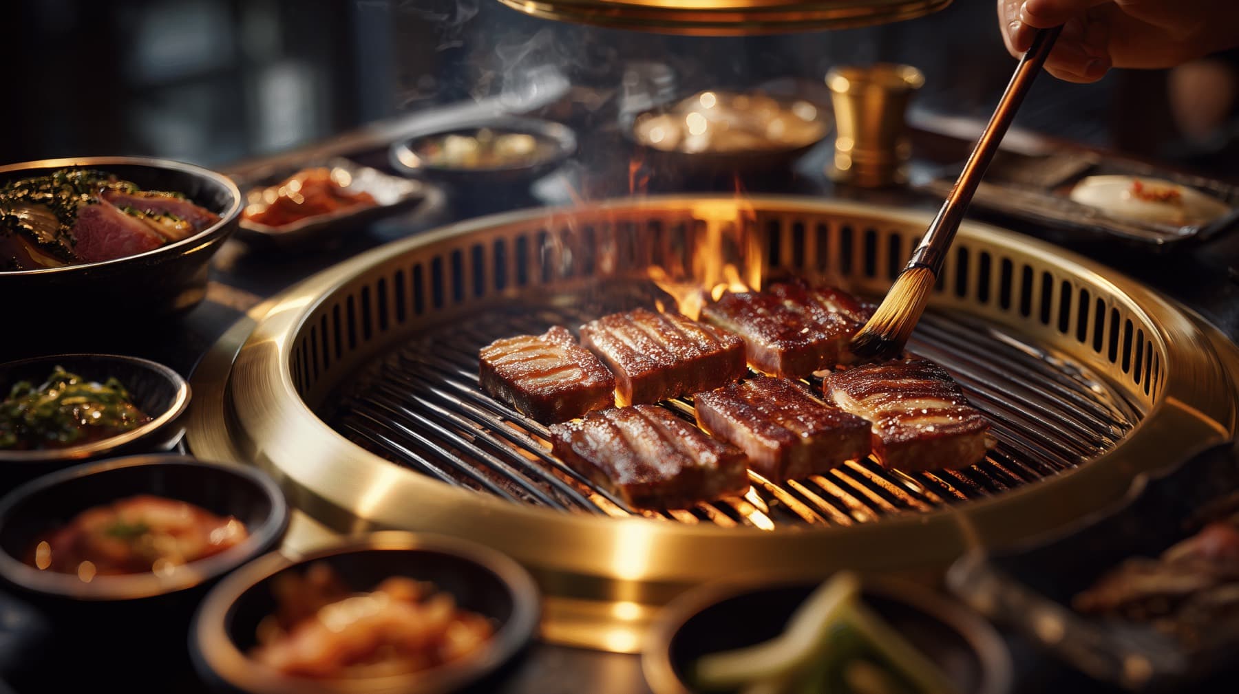 Glödande japansk yakiniku-grill med skivor av wagyu vid bordet